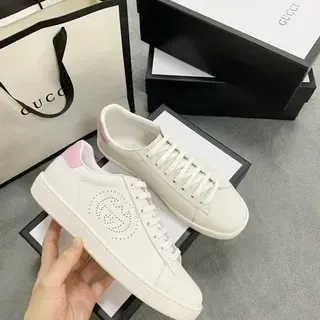 Gucci Ace White Pink Perforated Double-G Logo Leather Upper Lifestyle Sneakers