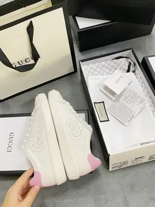 Gucci Ace White Pink Perforated Double-G Logo Leather Upper Lifestyle Sneakers 3