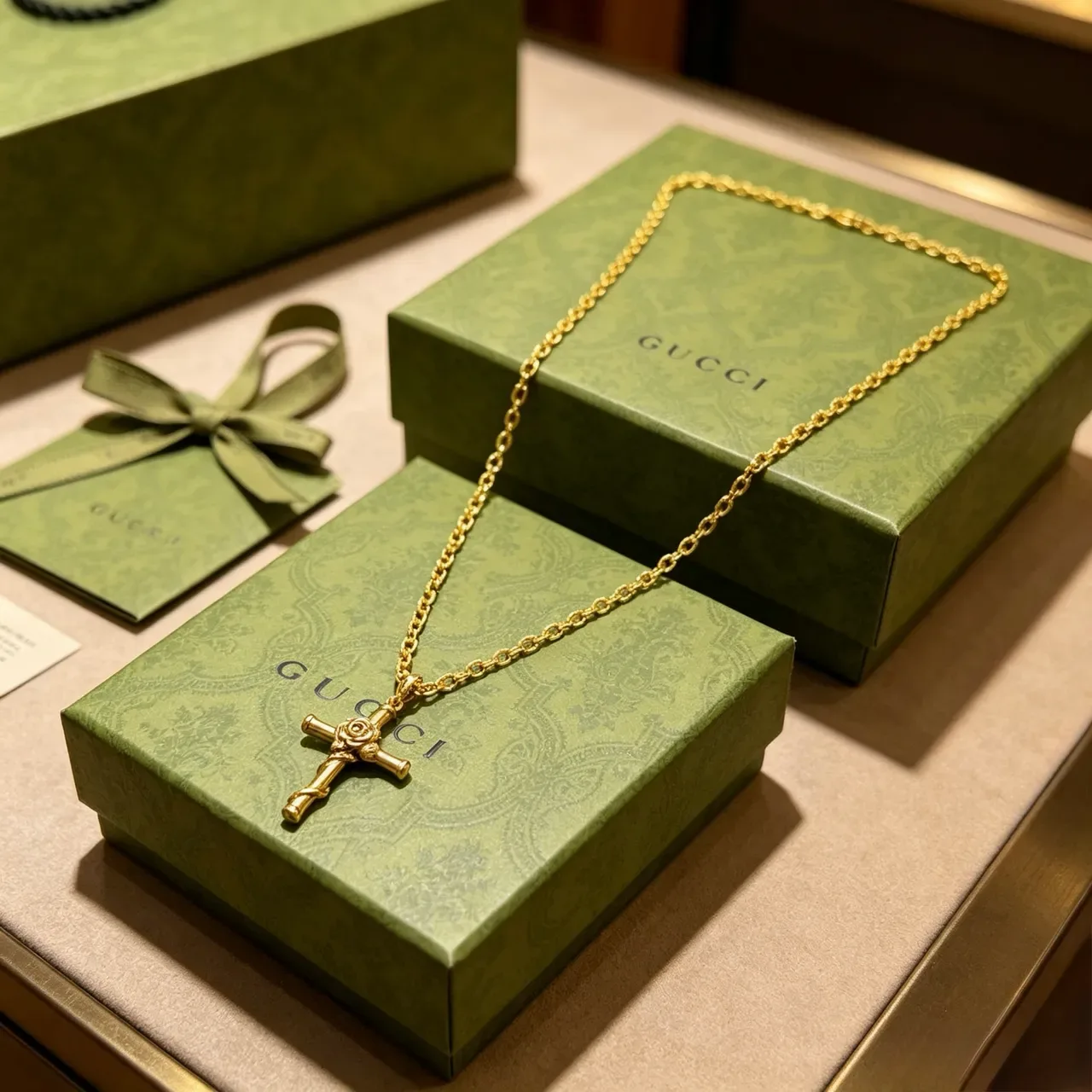 Gucci Bamboo Cross Pendant Gold-Tone Necklace 4