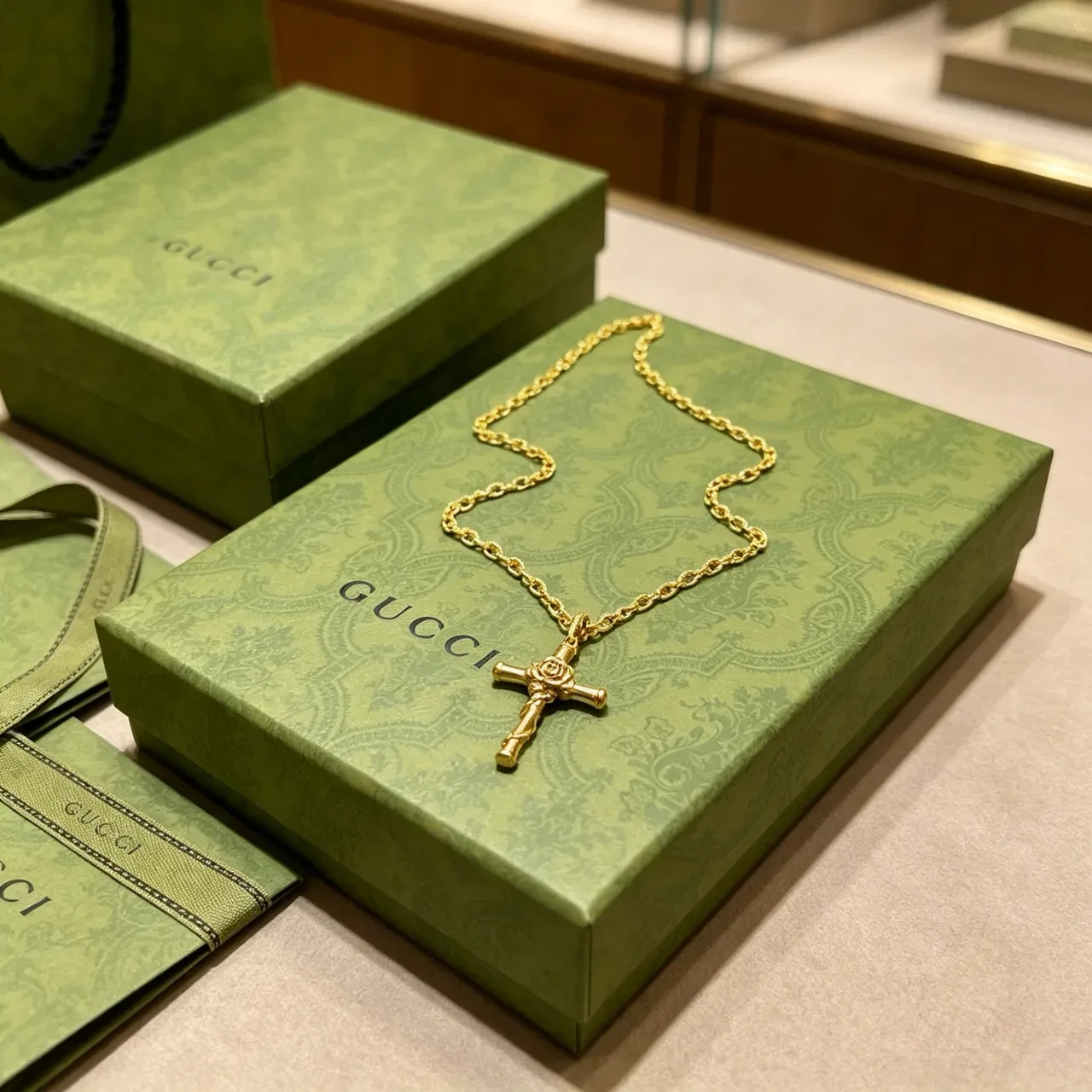 Gucci Bamboo Cross Pendant Gold-Tone Necklace 6