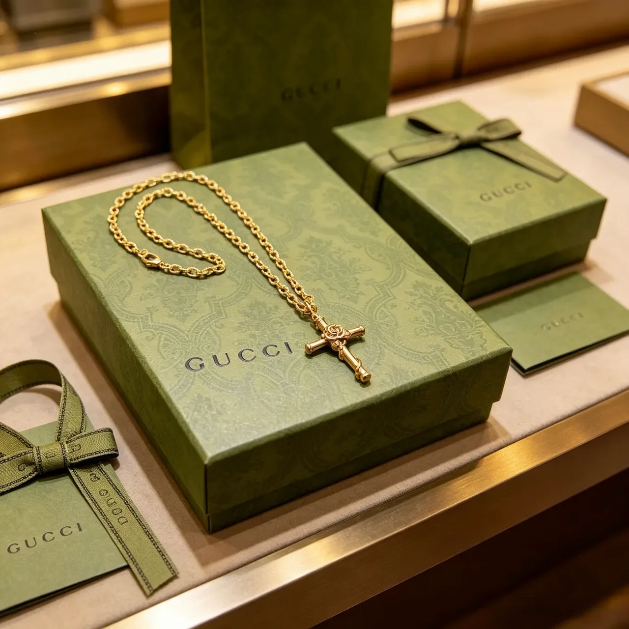 Gucci Bamboo Cross Pendant Gold-Tone Necklace 7