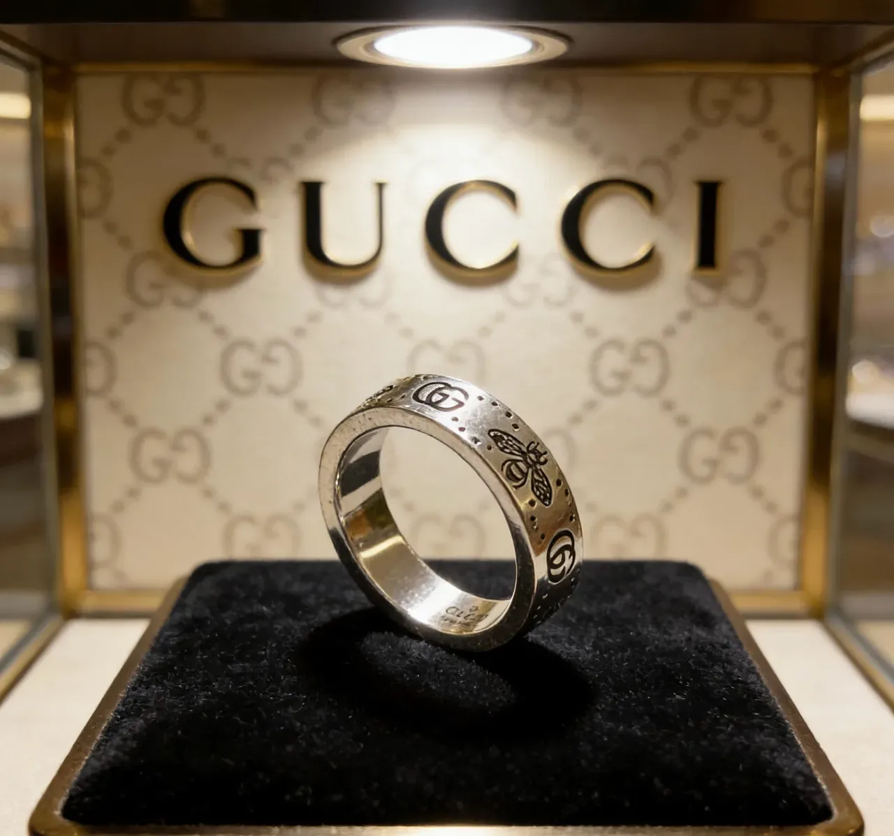 Gucci Bee Ring Silver Black Polished Enamel Motif Ring 6