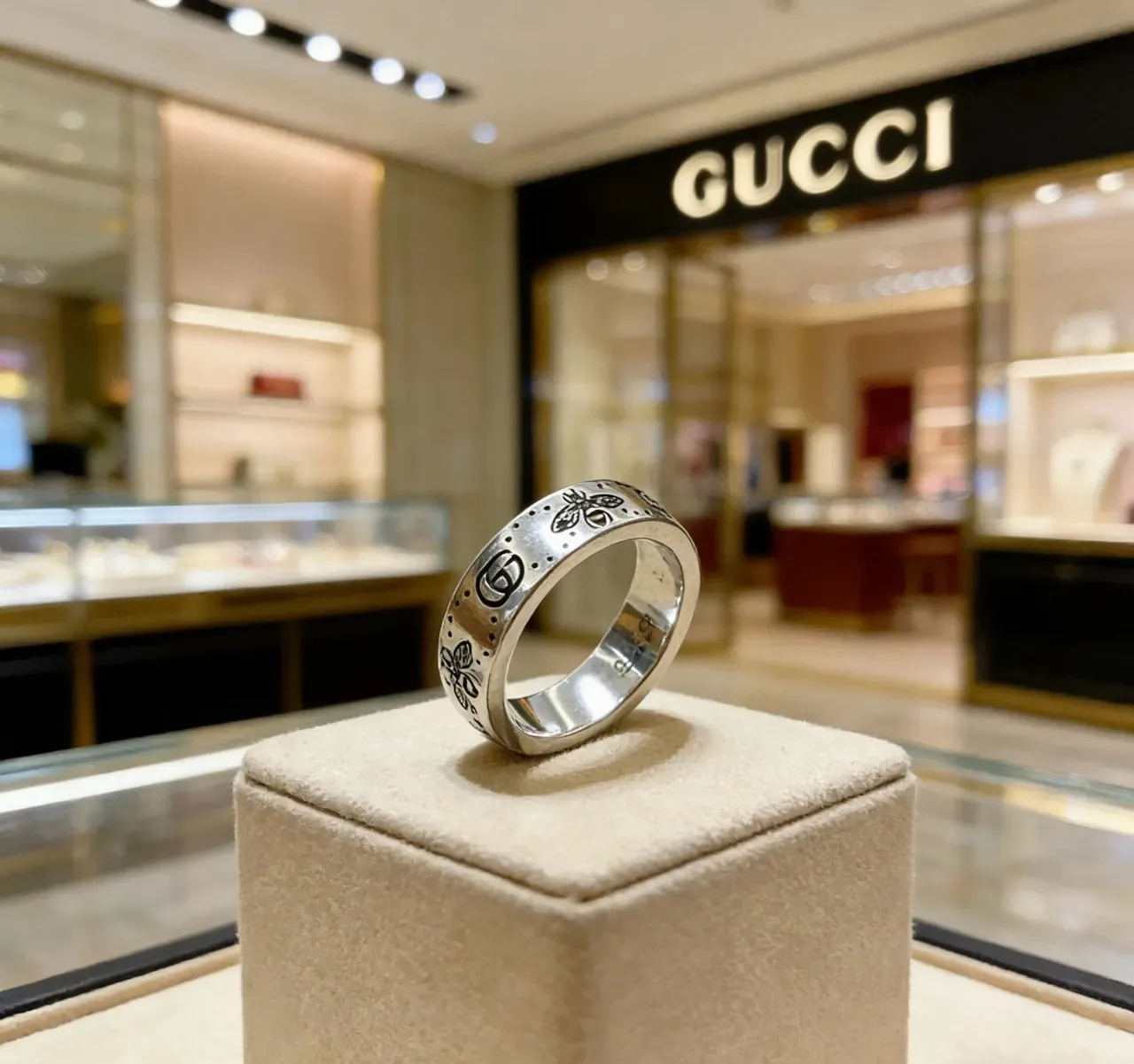 Gucci Bee Ring Silver Black Polished Enamel Motif Ring 9