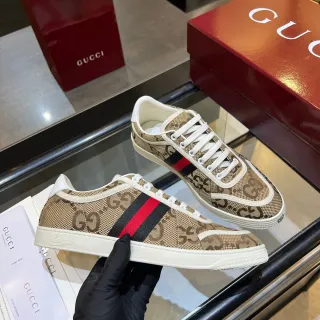 Gucci Beige Brown GG Monogram Canvas Web Stripe Detail Lifestyle Sneakers