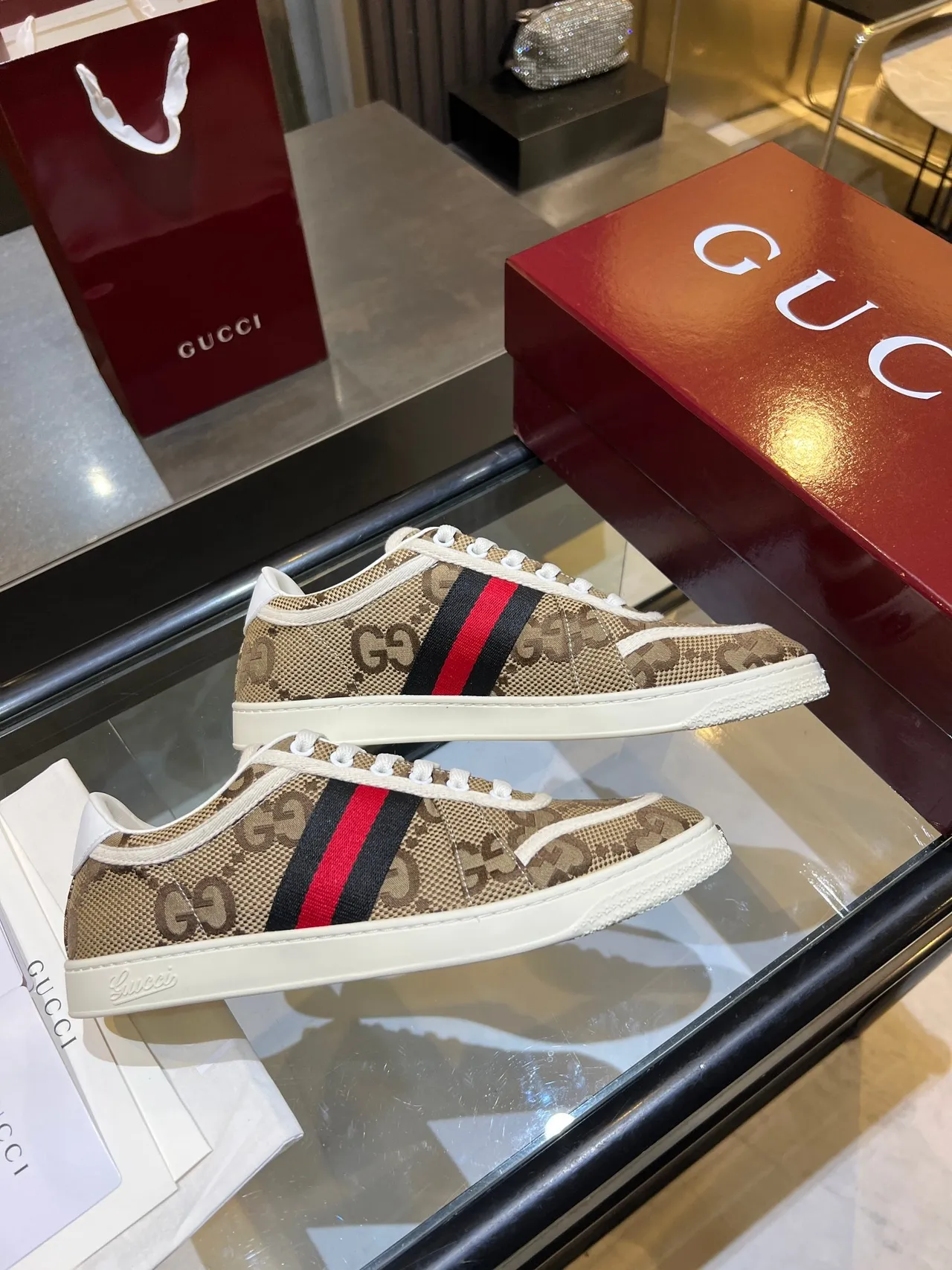 Gucci Beige Brown GG Monogram Canvas Web Stripe Detail Lifestyle Sneakers 2