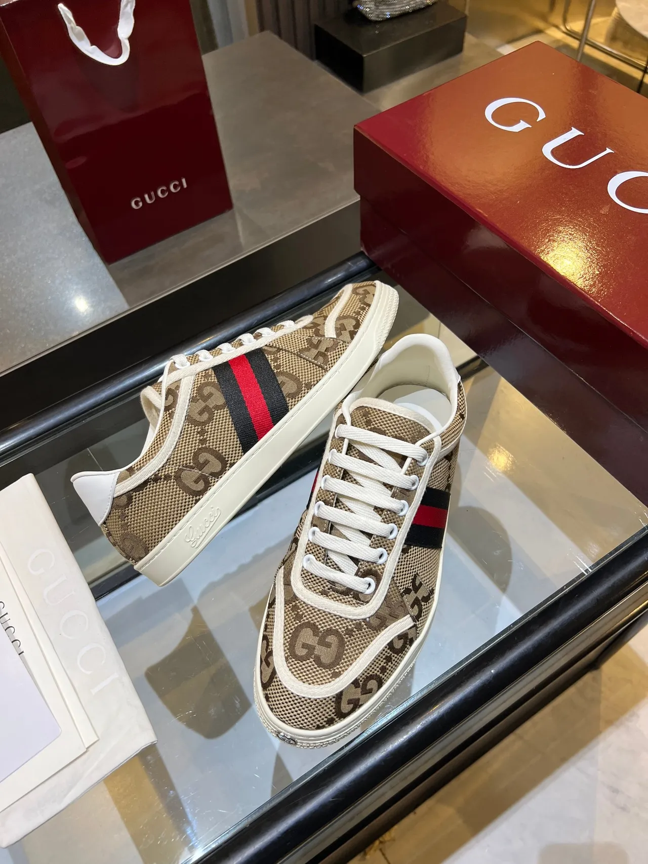 Gucci Beige Brown GG Monogram Canvas Web Stripe Detail Lifestyle Sneakers 3