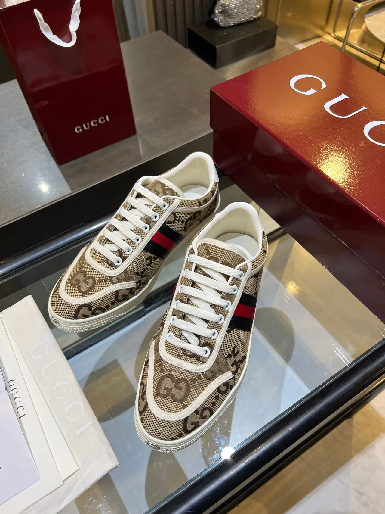 Gucci Beige Brown GG Monogram Canvas Web Stripe Detail Lifestyle Sneakers 4