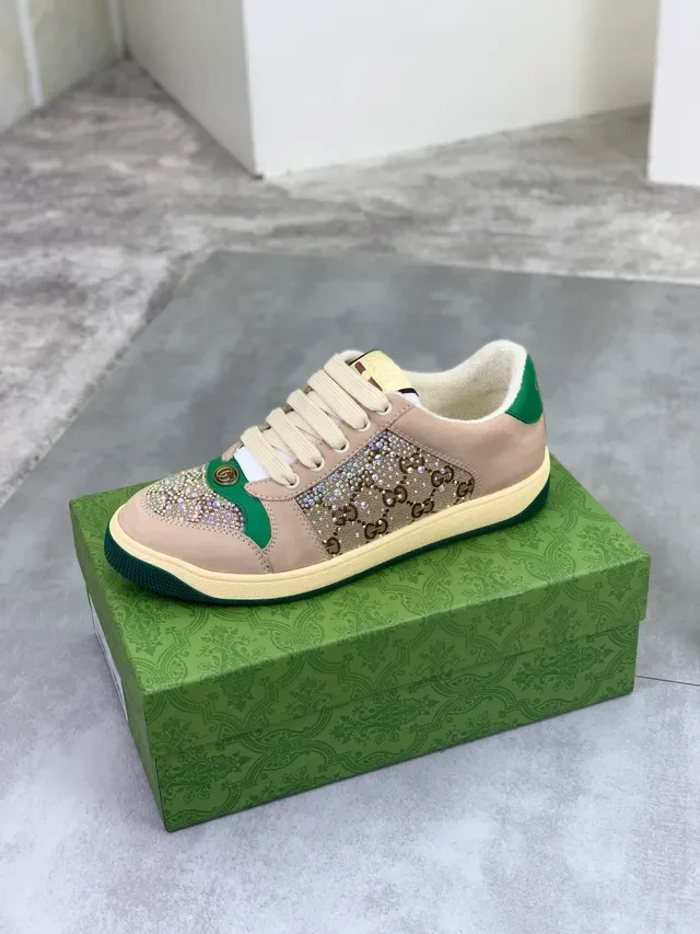 Gucci Beige Green Crystal-Embellished Web-Accented Lifestyle Sneakers 4