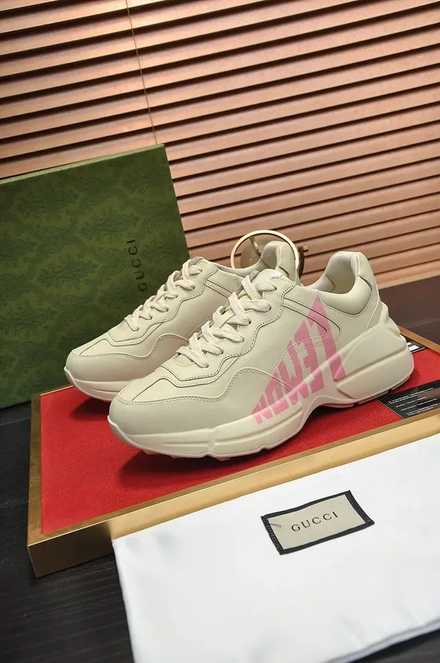 Gucci Beige Pink Sole Leather Upper Chunky Sneakers 4