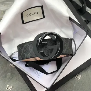 Gucci Black Beige Monogram Canvas Glossy Interlocking G Buckle Leather Belt