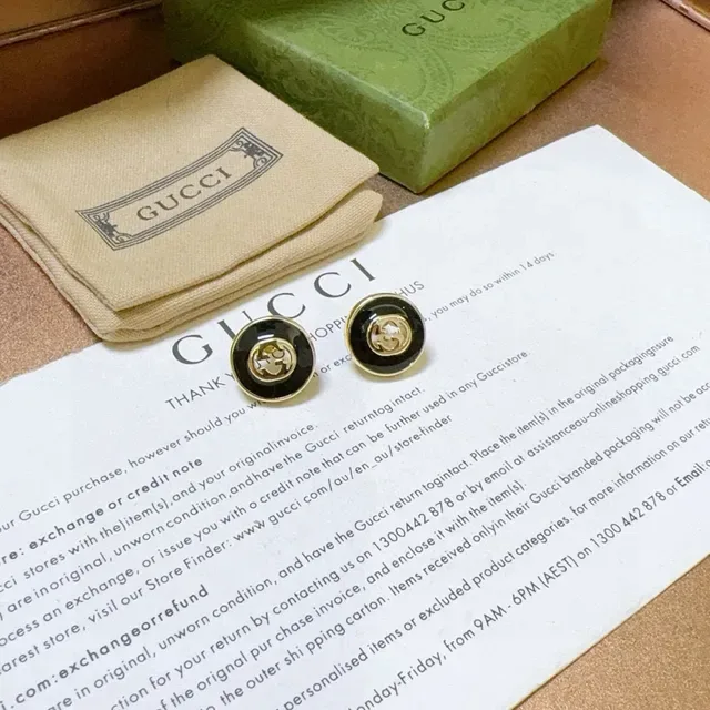 Gucci Black Gold Circular Stud Enamel Earrings 2