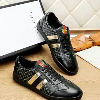Gucci Black Gold Leather Upper Monogram-Print Side Panels Lifestyle Sneakers