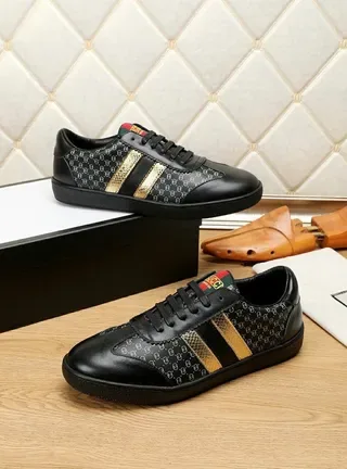 Gucci Black Gold Leather Upper Monogram-Print Side Panels Lifestyle Sneakers 2