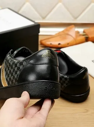 Gucci Black Gold Leather Upper Monogram-Print Side Panels Lifestyle Sneakers 3