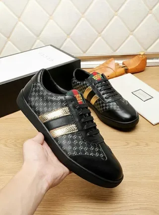Gucci Black Gold Leather Upper Monogram-Print Side Panels Lifestyle Sneakers 5