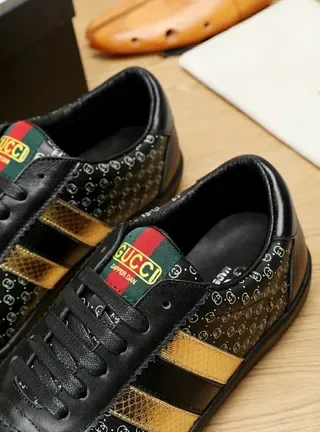 Gucci Black Gold Leather Upper Monogram-Print Side Panels Lifestyle Sneakers 7
