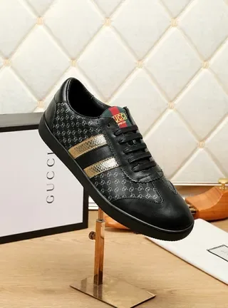 Gucci Black Gold Leather Upper Monogram-Print Side Panels Lifestyle Sneakers 8
