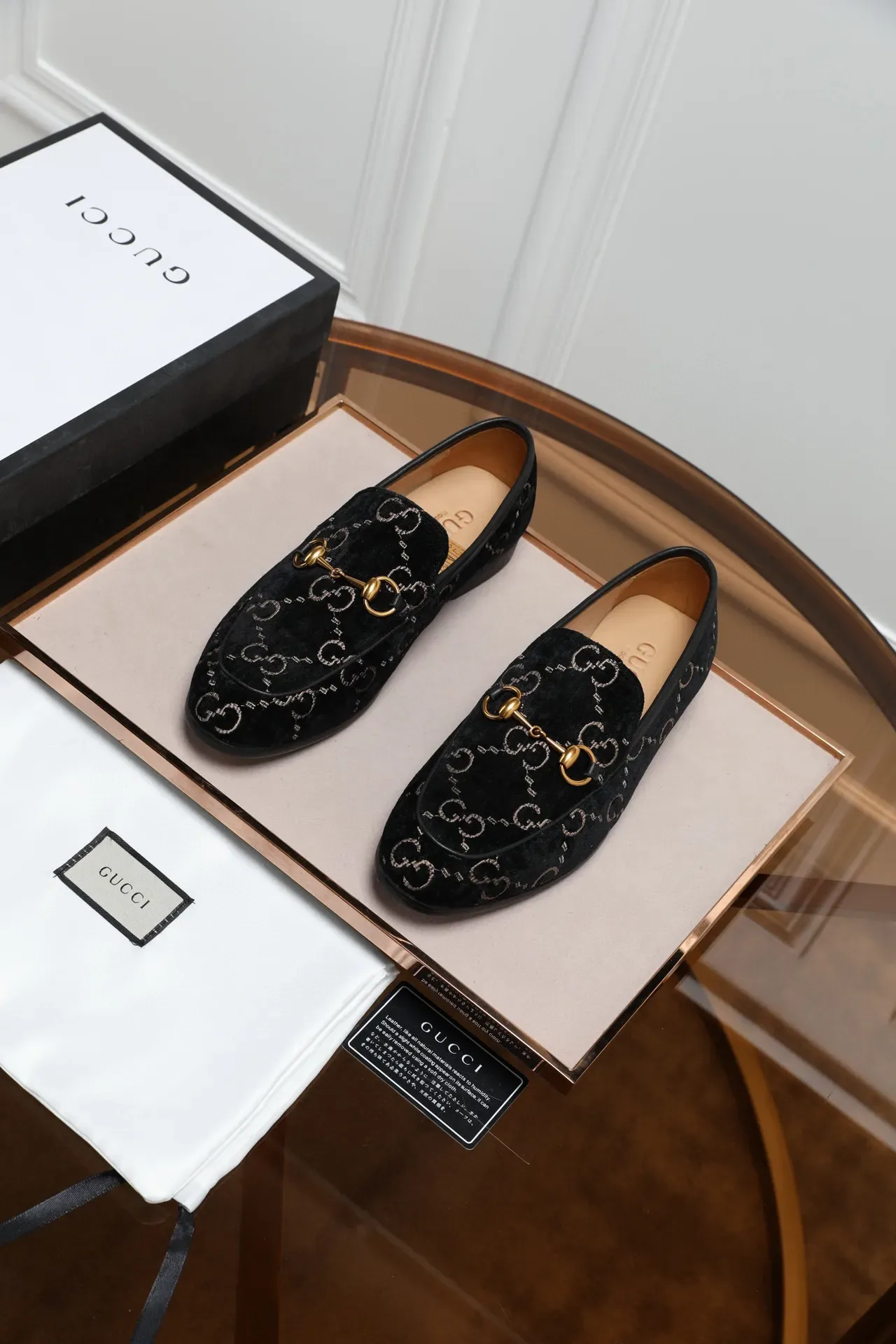 Gucci Mocassin Noir Or Velours Supérieur GG Monogram Print 7