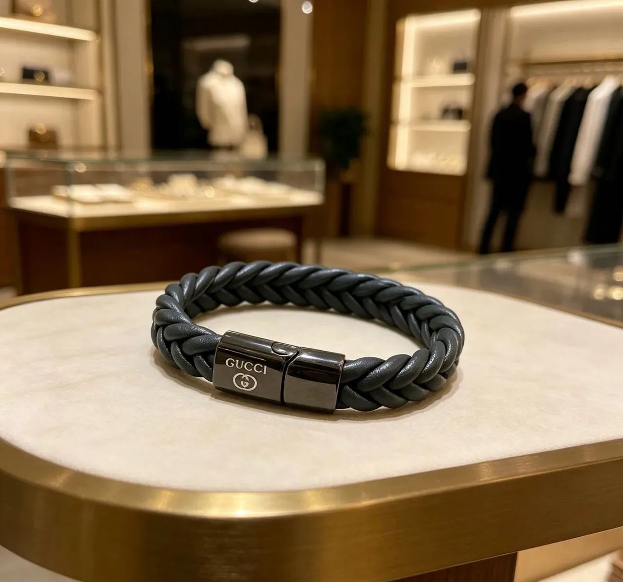 Gucci أسود رمادي جلد مضفر قفل مغناطيسي سوار 5