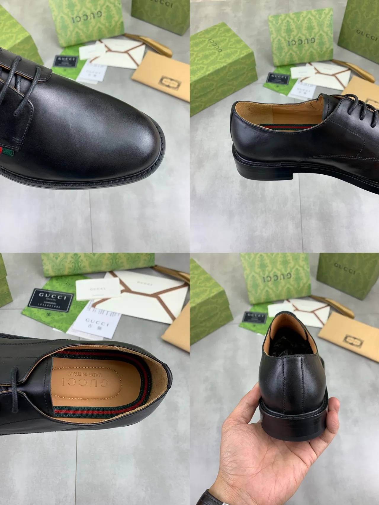 Gucci Chaussures Oxford en Cuir Noir et Vert Poli avec Embout Cap 2