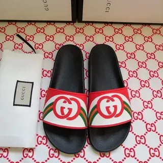 Gucci काला बहुरंग interlocking डबल जी लोगो लाल-हरी-लाल वेब पट्टी चप्पल