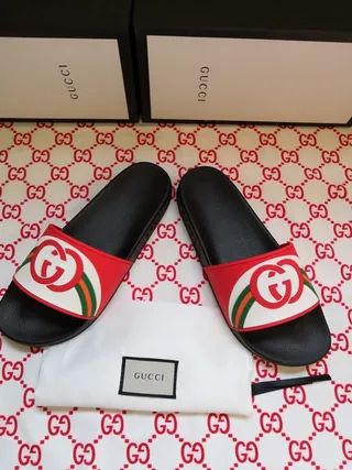 Gucci Black Multicolor Interlocking Double G Logo Red-Green-Red Web Stripe Slippers 2