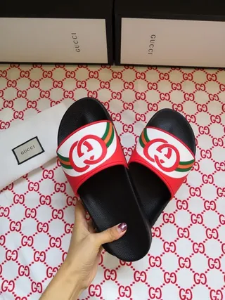 Gucci Black Multicolor Interlocking Double G Logo Red-Green-Red Web Stripe Slippers 4
