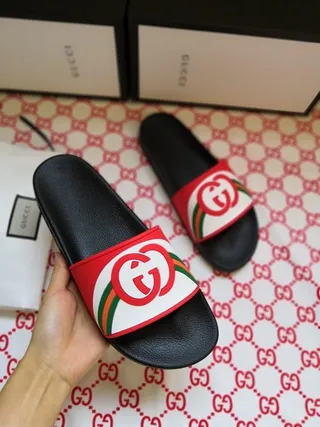 Gucci Black Multicolor Interlocking Double G Logo Red-Green-Red Web Stripe Slippers 7