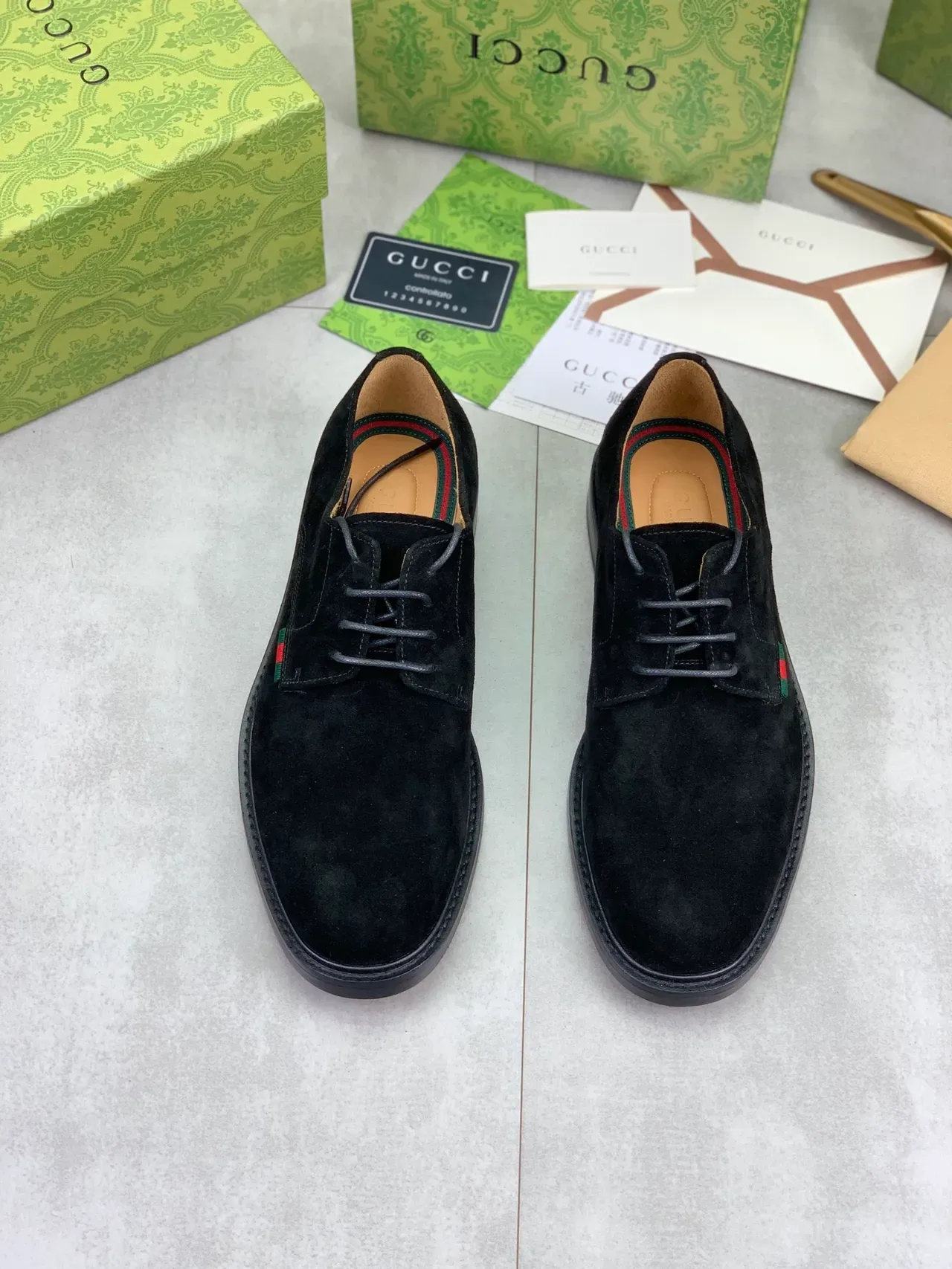 Gucci Black Suede Web Stripe Oxford Shoes 5