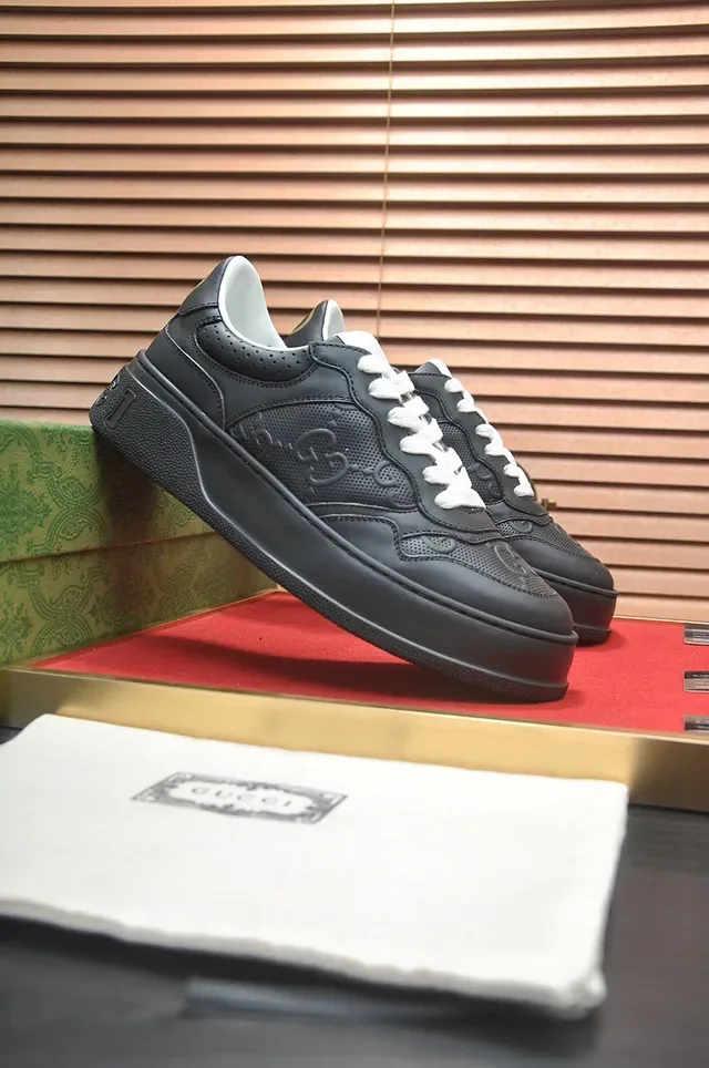Gucci Black White Platform Sole Perforated Leather Lifestyle Sneakers 3