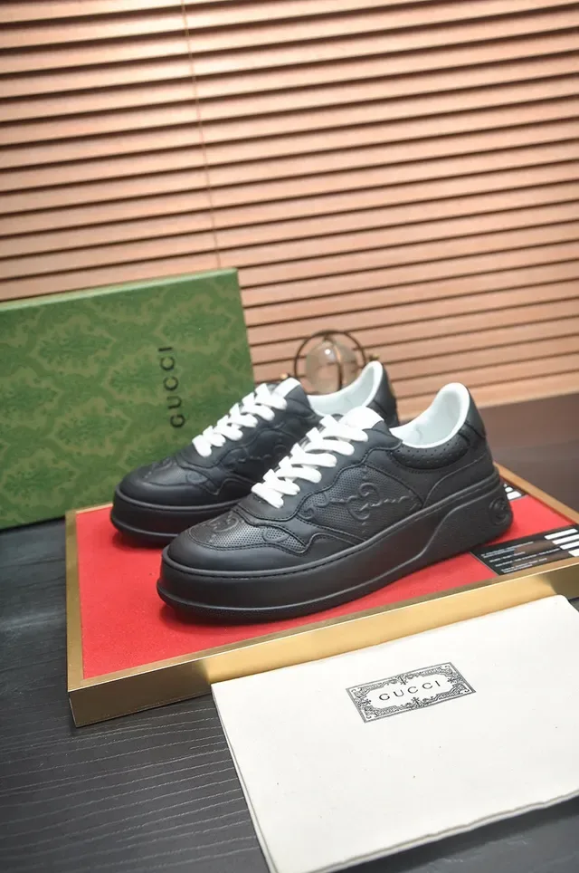 Gucci Black White Platform Sole Perforated Leather Lifestyle Sneakers 4