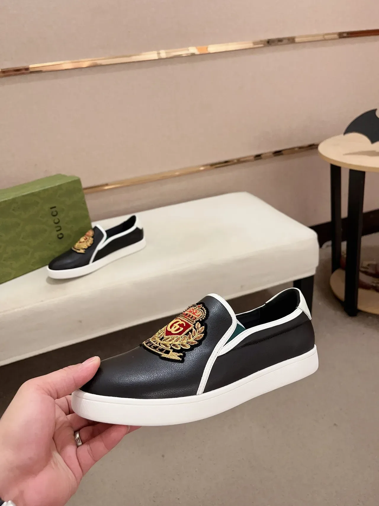 Gucci Black White Slip-On Construction Embroidered Heraldic Crest Lifestyle Sneakers 3