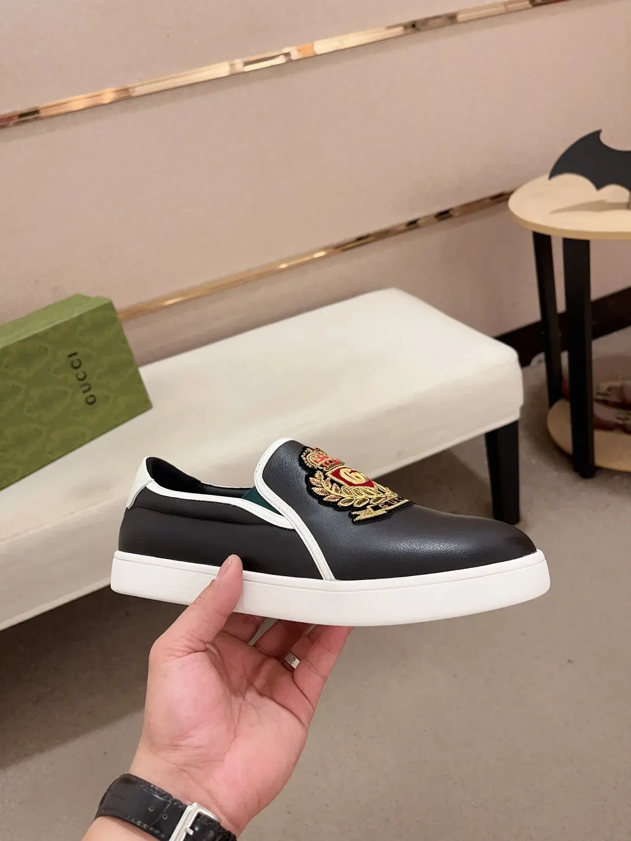 Gucci Black White Slip-On Construction Embroidered Heraldic Crest Lifestyle Sneakers 4