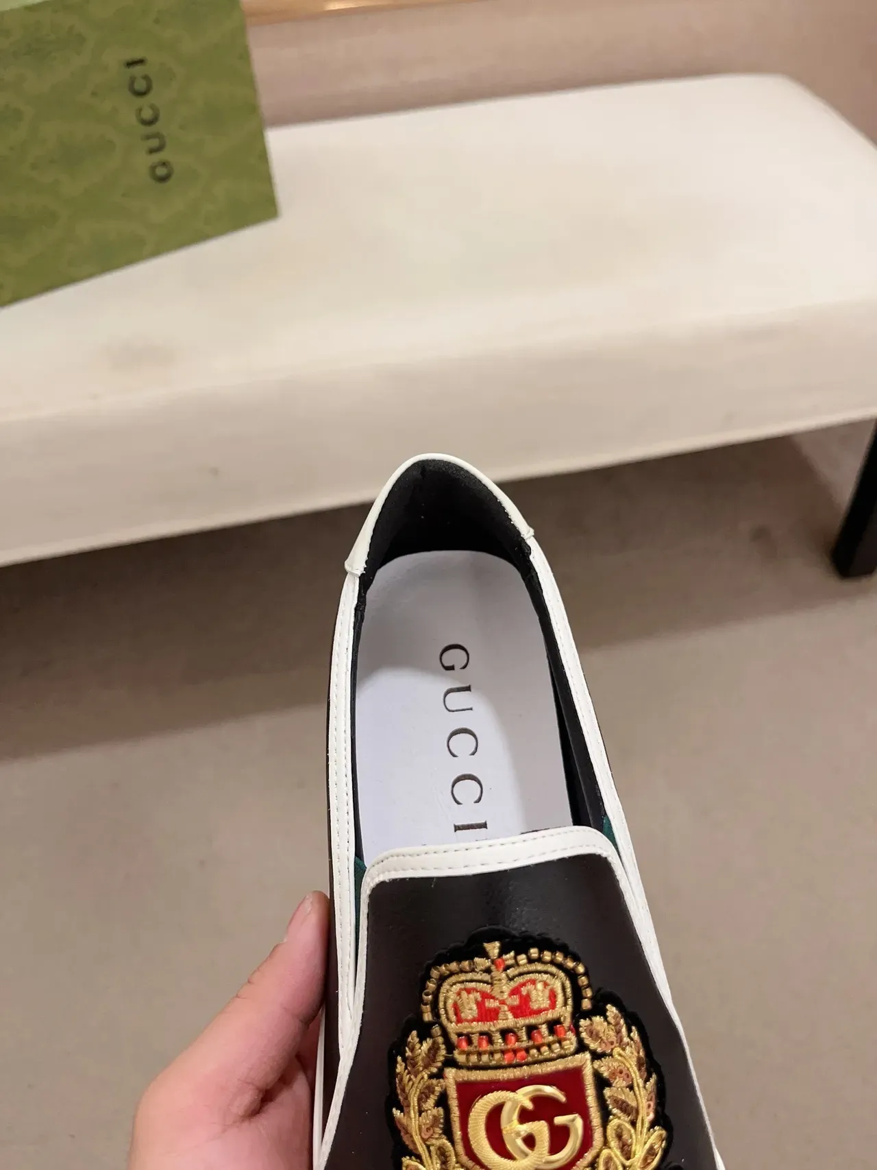 Gucci Black White Slip-On Construction Embroidered Heraldic Crest Lifestyle Sneakers 6