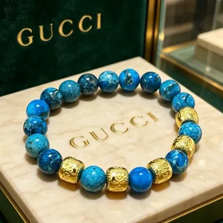 Gucci Blue Marbled Stone and Gold-Tone Beaded Bracelet