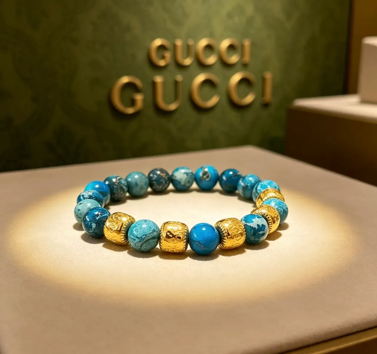 Gucci Blue Marbled Stone and Gold-Tone Beaded Bracelet 3