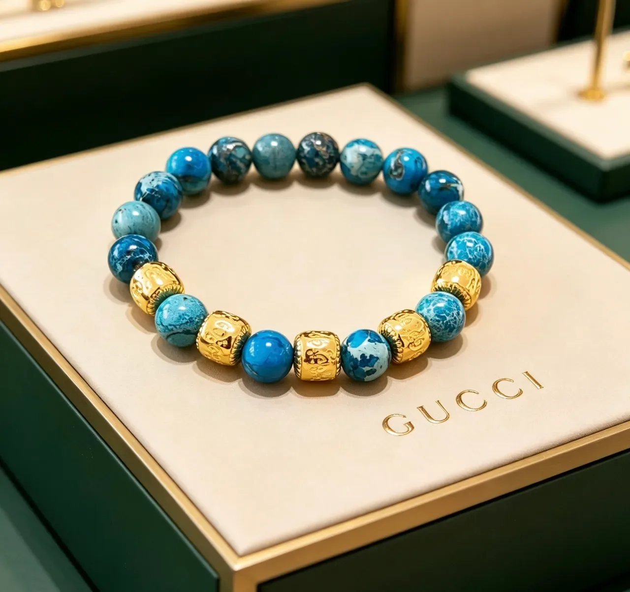 Gucci Blue Marbled Stone and Gold-Tone Beaded Bracelet 4