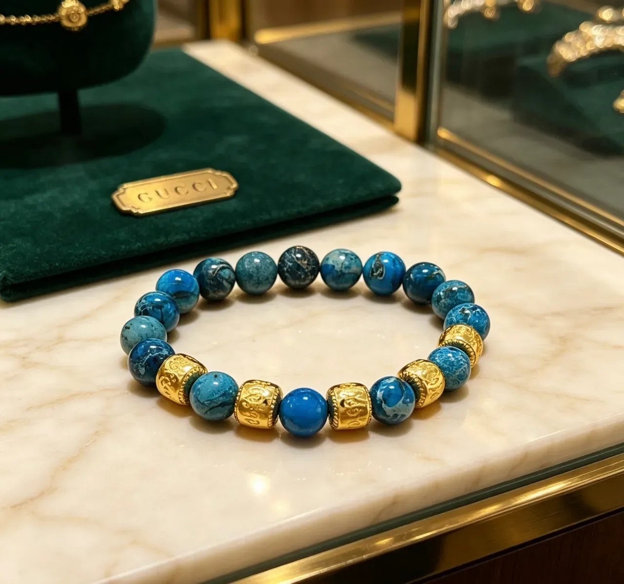 Gucci Blue Marbled Stone and Gold-Tone Beaded Bracelet 6