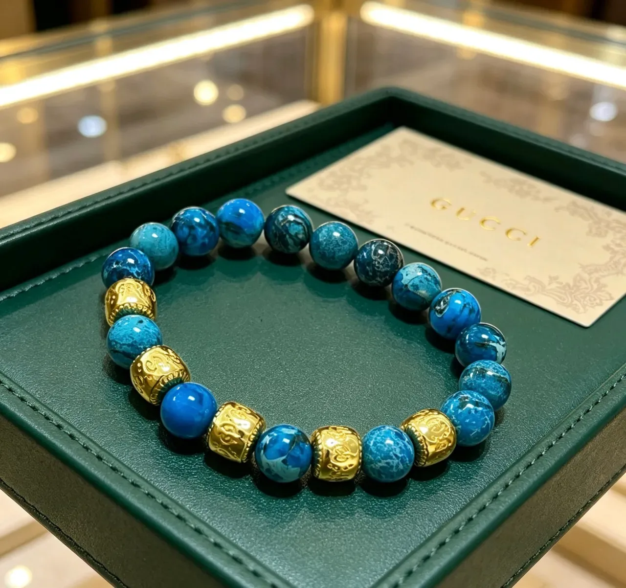 Gucci Blue Marbled Stone and Gold-Tone Beaded Bracelet 7