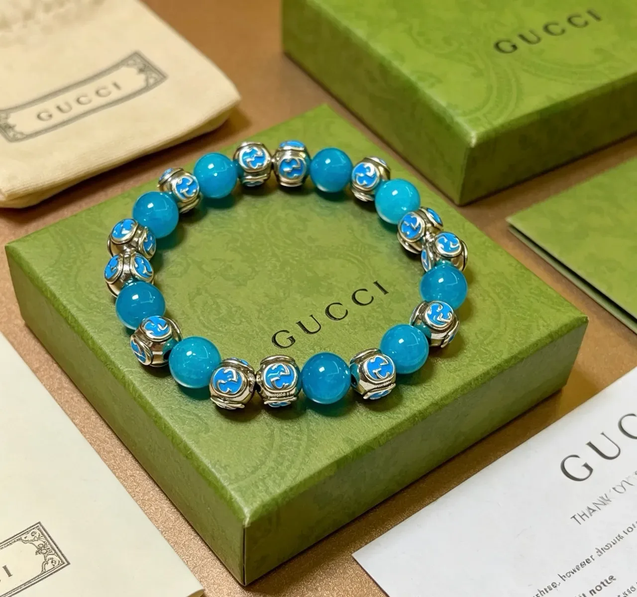 Gucci Blue Silver Beaded Enamel GG Motif Bracelet 3