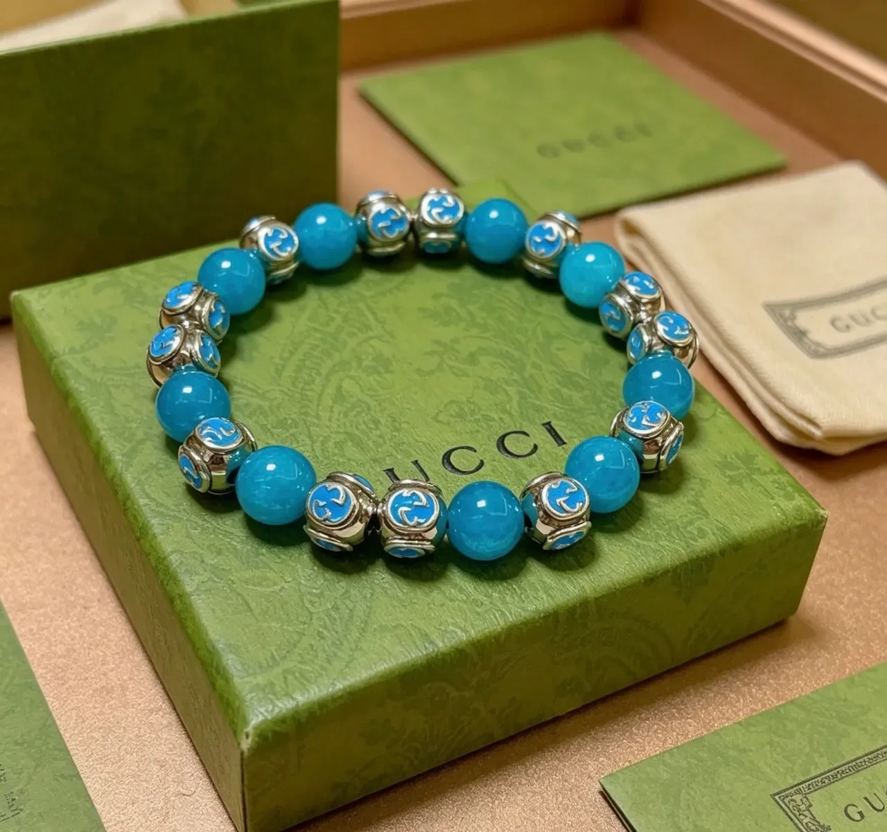 Gucci Blue Silver Beaded Enamel GG Motif Bracelet 5
