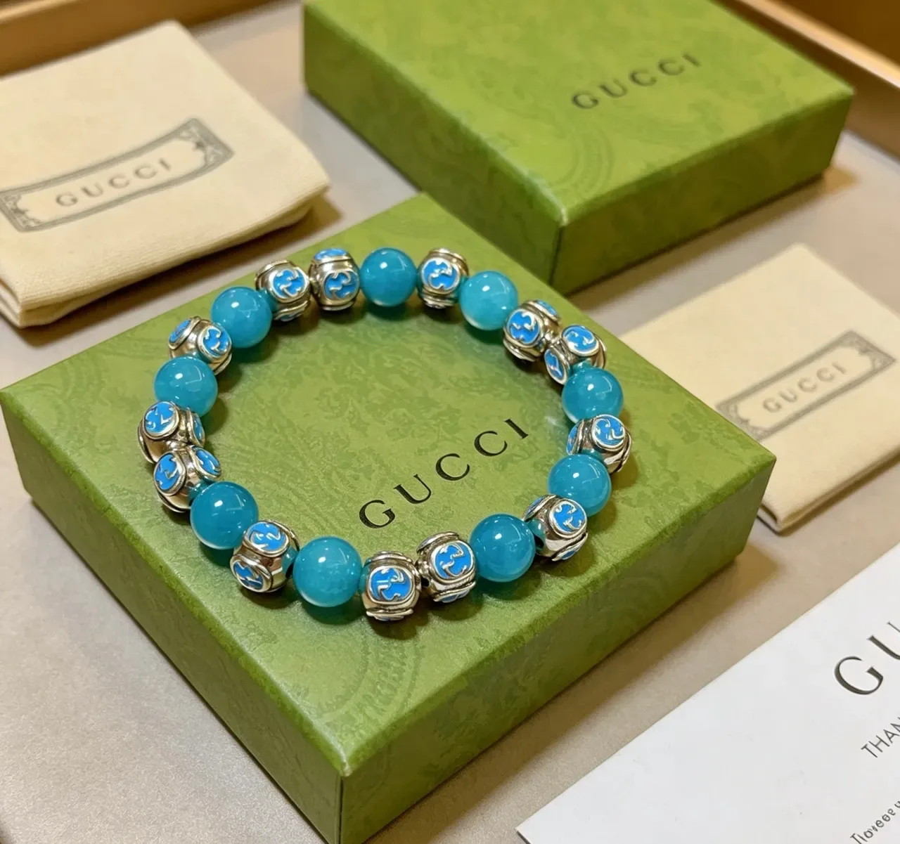 Gucci Blue Silver Beaded Enamel GG Motif Bracelet 7