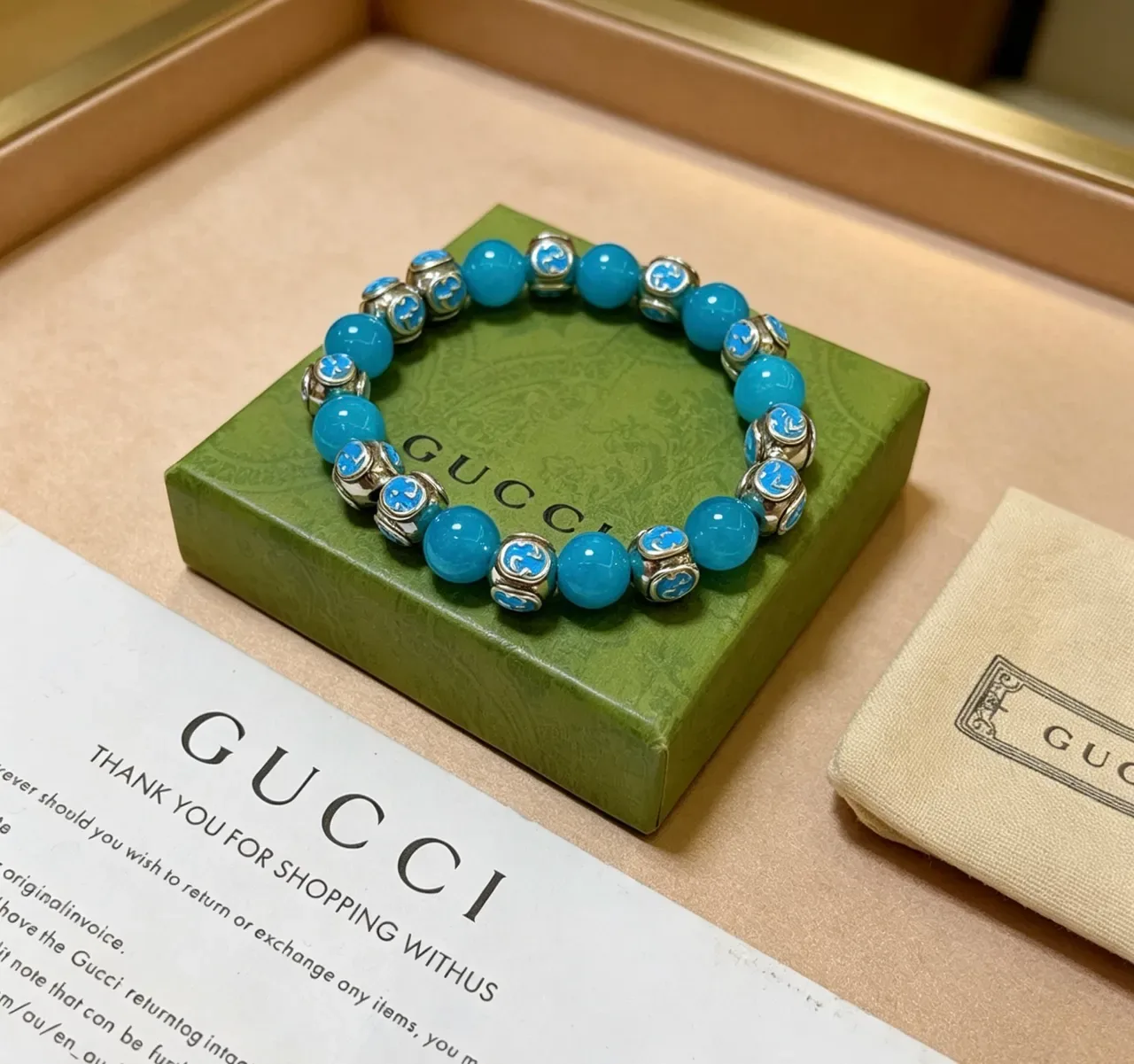 Gucci Blue Silver Beaded Enamel GG Motif Bracelet 9