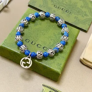 Gucci Blue Silver Beaded Interlocking G Motif Bracelet