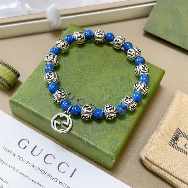 Gucci Blue Silver Beaded Interlocking G Motif Bracelet 2