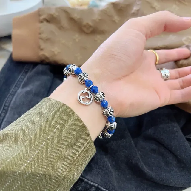Gucci Blue Silver Beaded Interlocking G Motif Bracelet 3