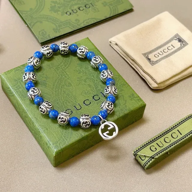 Gucci Blue Silver Beaded Interlocking G Motif Bracelet 4