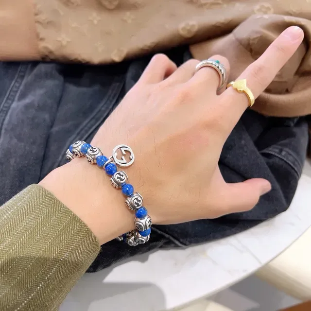 Gucci Blue Silver Beaded Interlocking G Motif Bracelet 5
