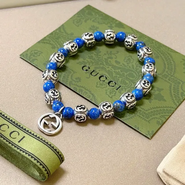 Gucci Blue Silver Beaded Interlocking G Motif Bracelet 6