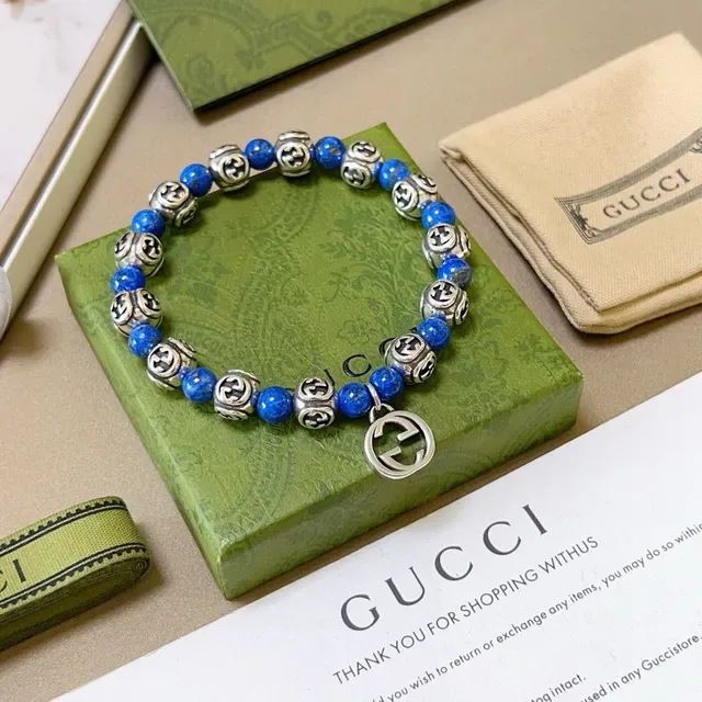 Gucci Blue Silver Beaded Interlocking G Motif Bracelet 7